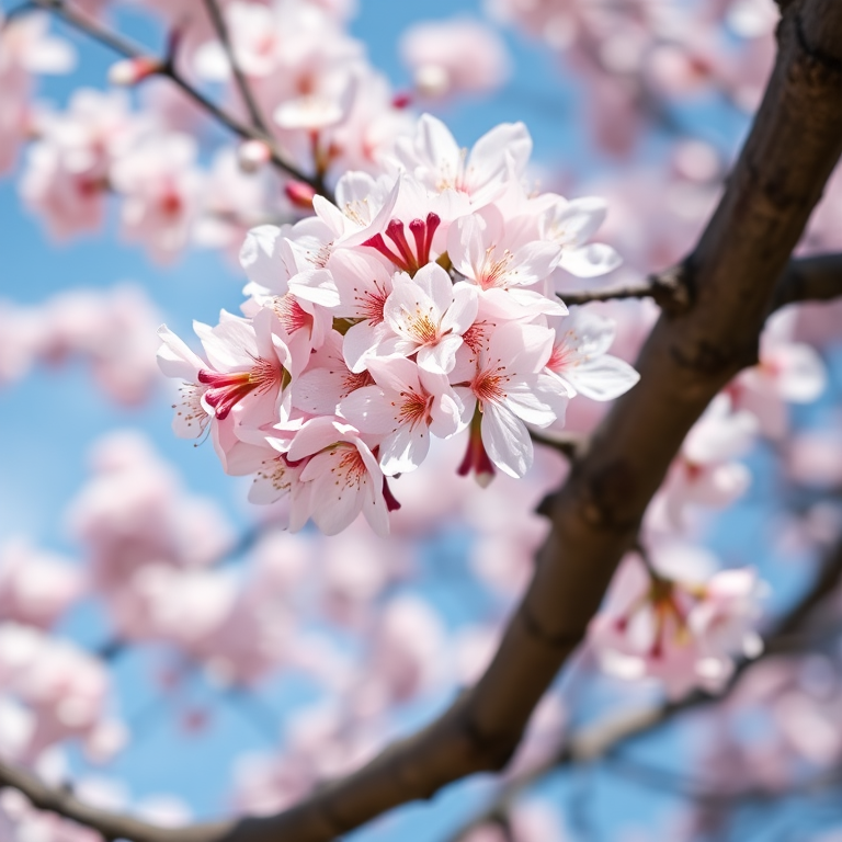Cherry blossoms in full bloom against a clear blue sky, captured with a Canon EOS 5D Mark IV, 50mm lens, f/2.8 aperture, 1/500 sec shutter speed, ISO 100, shallow depth of field for a soft background blur.