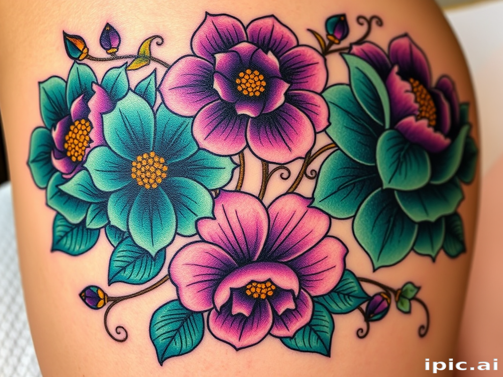 Neo-traditional tattoo named "Floral Reverie" featuring bold, stylized flowers in rich jewel tones of emerald, sapphire, and amethyst, accented with golden leaves and swirling vines, combining thick outlines with smooth color gradients for a striking visual impact, suitable for thigh or shoulder placement