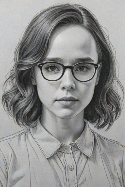 Resplendent Ellen Page, pencil sketch, portrait of Graceful woman 1939s in glasses, hair style beatnik, outline, clear lines, fine lines, 8k