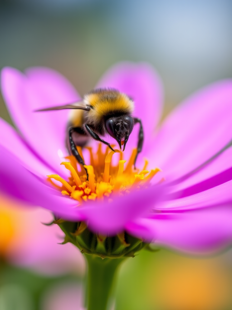 Close-up shot of a bumblebee on a vibrant flower with a soft-focus background, using a macro lens at f/2.8, 1/200s shutter speed, ISO 100, 50mm focal length, natural lighting, shooting from a low angle.