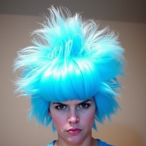 Image of a person with their hair styled upright,  in a cylinder shape. The hair  color is neon blue and appears to be held in place by a hair product, giving it a fluffy texture. The background is nondescript, and the person's face is looking at the viewer nervously.