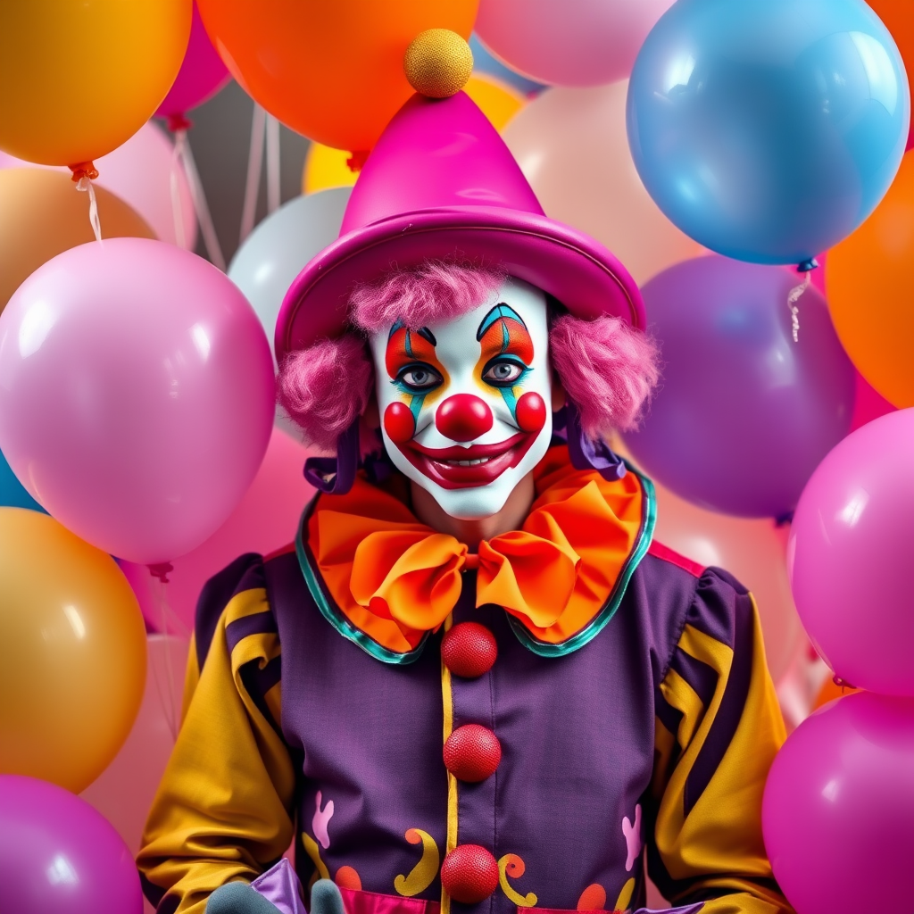 Generate an image of a whimsical character dressed in a colorful clown outfit surrounded by vibrant balloons, using a DSLR camera with a 50mm lens, aperture f/1.8, ISO 100, in soft natural lighting, capturing a front view with high saturation and sharp detail.