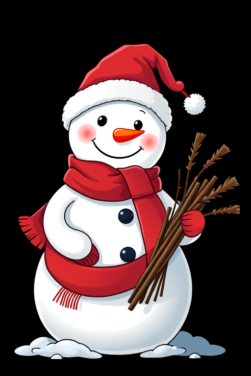 Create an illustration of a cheerful snowman wearing a red Santa hat and a scarf, with a friendly expression, holding a bundle of sticks, in bright colors, with a black background, using a Canon EOS R5, f/2.8 aperture, 50mm lens, natural lighting, and a 300dpi resolution.