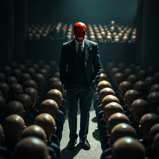 A menacing figure in a black suit with a red skull head stands confidently in a crowd of identical bald heads, all facing him, dramatic lighting highlighting the figure and casting eerie shadows, shot with a Canon EOS R5 at 50mm f/1.4, ISO 100, natural lighting, cinematic style, high contrast colors.