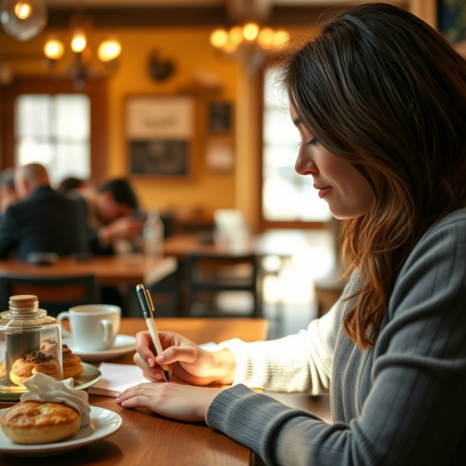 Warmly lit photo of a woman writing in a notebook at a rustic café, with soft light illuminating her face, surrounded by the cozy atmosphere of fellow patrons and pastries.