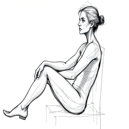 Create a detailed black and white sketch of a seated figure in a relaxed pose, captured in a high-contrast style with fine line work, using a vintage camera at f/2.8 aperture, 50mm lens, ISO 100, and a shallow depth of field to enhance image clarity and focus on the subject.