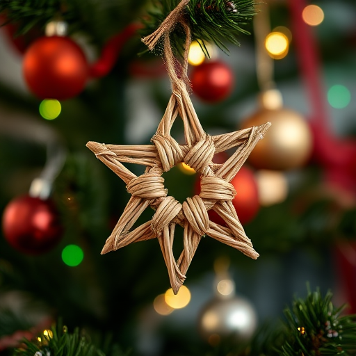 capture a close-up of a handmade straw star ornament hanging from a Christmas tree with a blurred background of festive decorations, aperture f/2.8, shutter speed 1/100s, ISO 200, DSLR camera, natural light, shallow depth of field