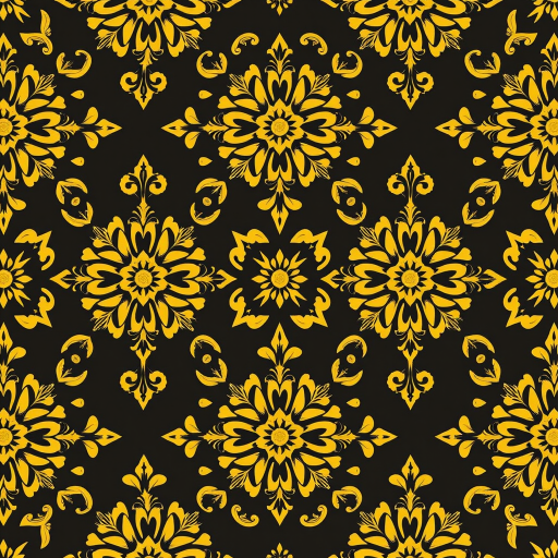 Create a seamless pattern of intricate golden floral designs on a dark background, shot with a 50mm lens at f/8 for depth of field and clarity, using a DSLR camera with a high ISO setting for enhanced texture and detail.