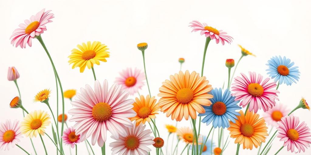 Create a vibrant, colorful illustration of various flowers including daisies in shades of pink, yellow, orange, and blue against a soft pastel background, captured with a DSLR camera using a 50mm lens, f/2.8 aperture, ISO 100, and a shallow depth of field to enhance details and texture.