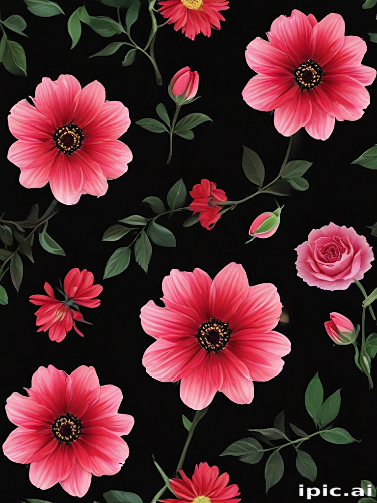Vibrant Floral Pattern Featuring Various Pink Flowers on a Dark Background