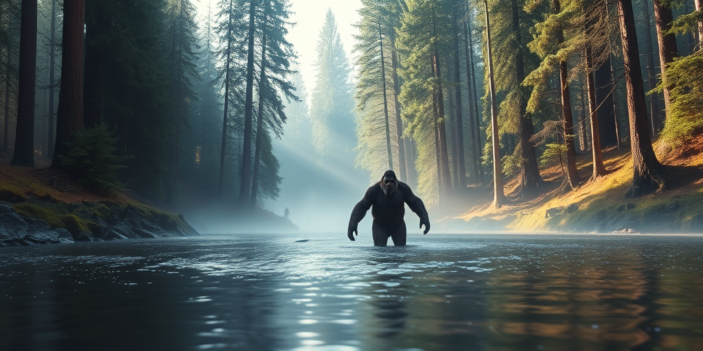 A large, realistic Bigfoot emerging from a serene forest river, surrounded by tall pine trees and mist, captured with a Canon EOS R5, 50mm lens, f/1.8 aperture, ISO 100, soft natural light for enhanced detail and warmth.