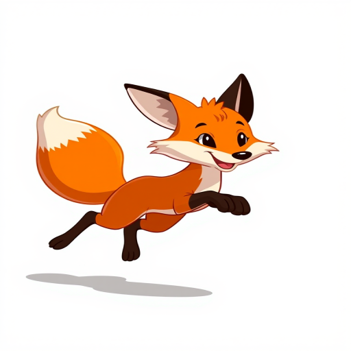 generate a cartoon-style illustration of a running fox with a flowing tail on a transparent background, using a DSLR camera with a 50mm lens, aperture f/2.8, ISO 100, high dynamic range setting, capturing in vivid colors and sharp focus