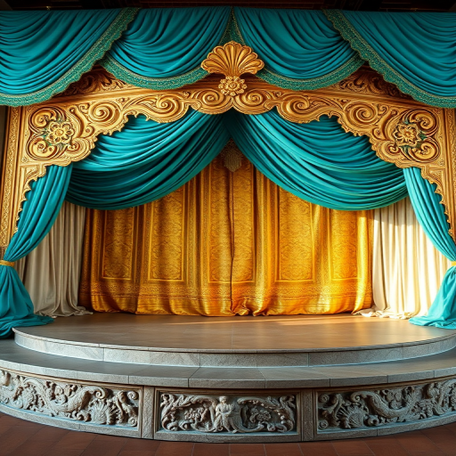 A beautifully ornate stage with teal draped fabrics and intricate gold patterns, featuring a circular base with detailed stonework, captured using a DSLR camera, 50mm lens, f/1.8 aperture, ISO 100, natural lighting.