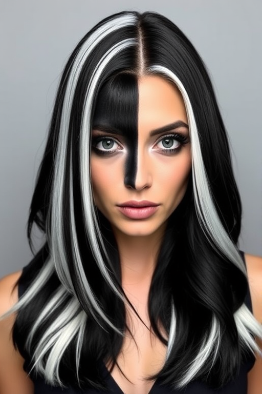 Dramatic black and white split-dyed hair dubbed "Yin Yang Harmony" featuring long straight layers, crisp center part dividing colors, sleek polished finish, face-framing pieces in contrasting shades, bold graphic look