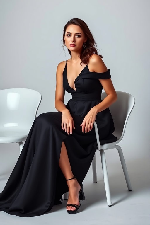 Regenerate an image of a stylish model in a black evening gown sitting on white chairs, soft lighting, portrait view, depth of field 85mm, aperture f/1.8, ISO 100, studio setting.
