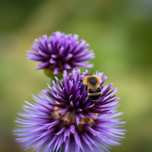 Capture a close-up image of a purple thistle flower with a bee on it, using a DSLR camera, aperture f/2.8, shutter speed 1/200s, ISO 100, macro lens, natural lighting, soft-focus background for enhanced depth.