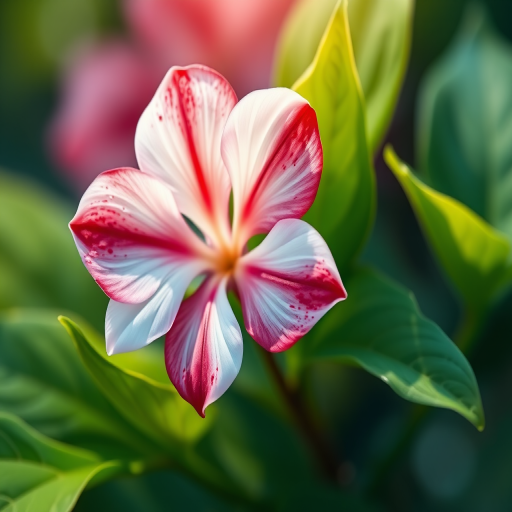 create a vibrant illustration of a single white flower with red accents surrounded by lush green leaves, using a macro lens with a shallow depth of field at f/2.8, ISO 100, and a soft, diffused lighting style to enhance details and colors in a digital painting style.