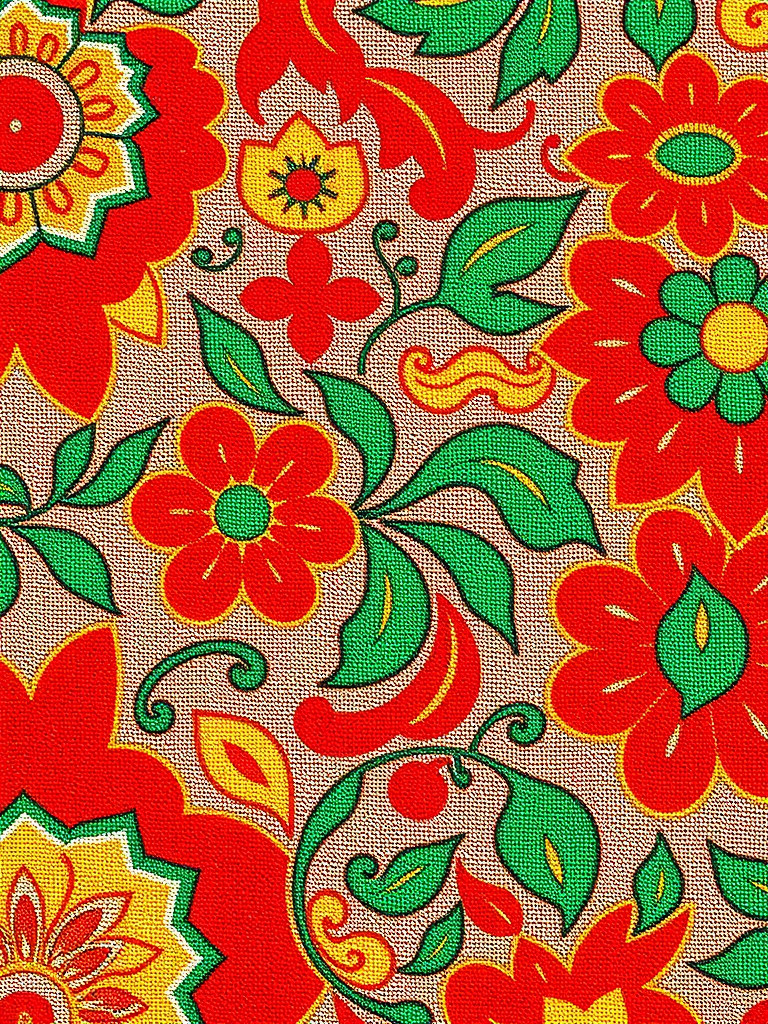 regenerate the image of a colorful fabric pattern featuring intricate floral designs in vibrant red, green, and yellow hues using a DSLR camera, aperture f/5.6, shutter speed 1/125s, ISO 100, in a macro view for enhanced detail and clarity