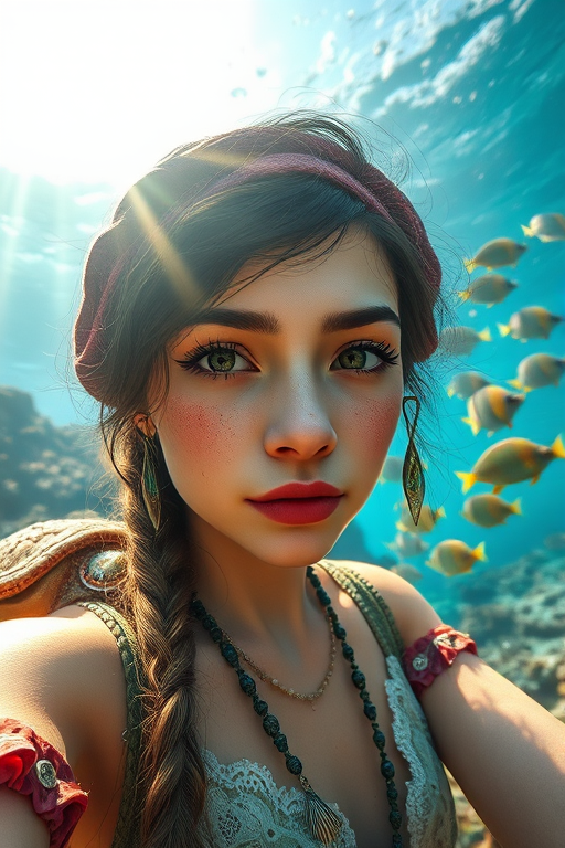 Realistic selfie image of a Romani, wearing a vintage outfit, detailed dreamy eyes, droopy hooded eyes, staring at the camera, taken underwater at coral reef with a sunbeam filtering through the water, vibrant, summer vacation, natural lighting, turtle and school of tropical fish with vibrant colors, rendered in the style of CryEngine, Pegi Nicol MacLeod, with realistic genre scenes, hauntingly beautiful narratives, ultra-realism, and Thomas Saliot's close-up technique, 8K resolution, crystal clear and sparkling water.