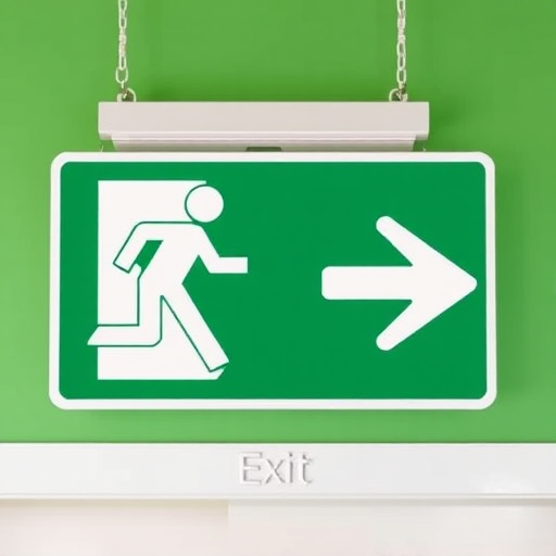 Create an enhanced version of an emergency exit sign featuring a white running figure against a bright green background, captured with a DSLR camera at f/8 aperture, ISO 200, 24mm focal length, in natural daylight to improve clarity and color vibrancy.