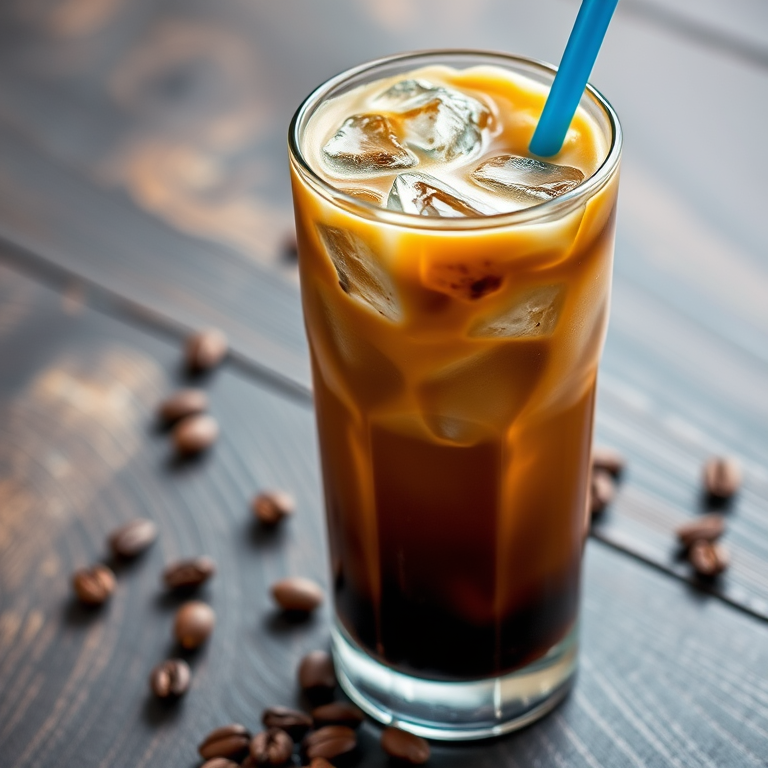 A high-quality image of an iced coffee in a tall glass with ice cubes and a blue straw, on a dark wooden surface with coffee beans scattered around; taken with a DSLR camera at f/1.8 aperture, ISO 100, 1/200 sec shutter speed, using a macro lens, with soft natural lighting for vibrant details.