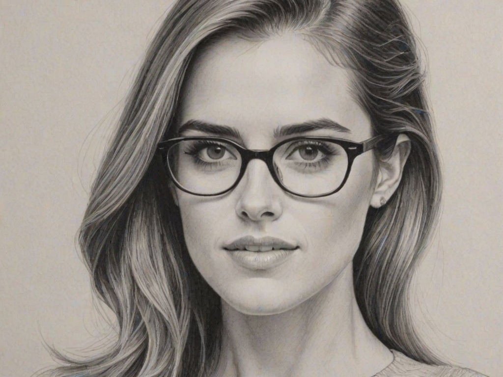 Exquisite Allison Williams, pencil sketch, portrait of Radiant woman 1965s in glasses, hair style beatnik, outline, clear lines, fine lines, 8k