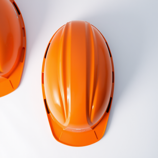 Create a high-resolution image of an orange construction helmet on a white background, captured with a DSLR camera at f/2.8 aperture, ISO 100, 50mm lens, overhead view to enhance detail and clarity.