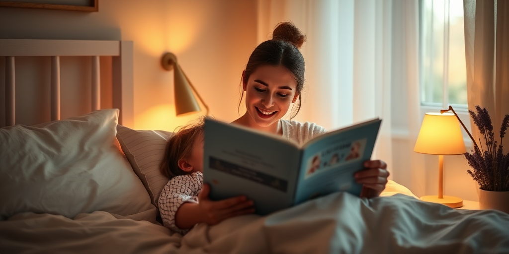Warm, intimate image of a mother reading a bedtime story to her child, soft glow from a bedside lamp casting warm shadows, the smell of lavender and clean linens in the room.