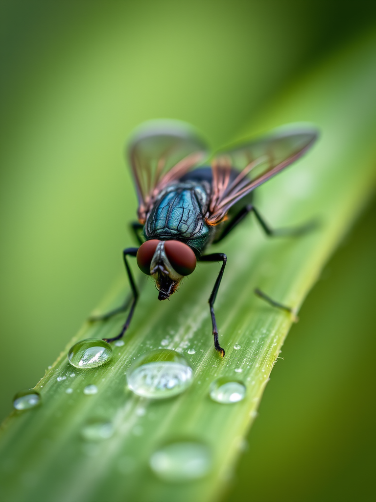 macro shot of a fly on a green leaf with dew droplets, shallow depth of field, f/2.8, ISO 100, 1/200 sec, 100mm macro lens, natural light, soft focus background, close-up view