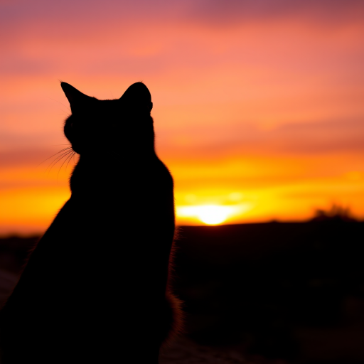 Create an image of a sleek black silhouette of a cat against a vibrant sunset background, capturing the warm hues of orange, pink, and purple with a DSLR camera, aperture f/2.8, ISO 200, shutter speed 1/200s, using a wide-angle lens for an expansive view.