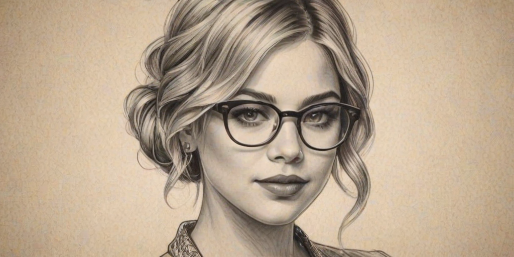 Elegant Ashley Benson, pencil sketch, portrait of Pleasing woman 1920s in glasses, hair style beatnik, outline, clear lines, fine lines, 8k