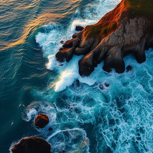 Aerial view of crashing ocean waves against rocky coastline during golden hour, ISO 100, f/2.8, 1/1000 sec, drone photography, high-resolution, vivid colors, dynamic range.