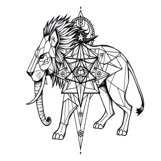 Geometric animal tattoo, "Sacred Geometry Beast," combining sharp lines and perfect shapes to form a majestic animal like a lion or elephant, incorporating sacred geometry patterns and symbols within the design, ideal for a large-scale back or chest piece