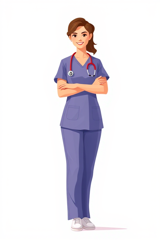 Generate a digital illustration of a female nurse standing upright, wearing scrubs and a stethoscope, with a simple, flat design style, using a clean, bright background, in 4K resolution, captured with a soft focus lens, at an aperture of f/4, with natural lighting to enhance colors and details.