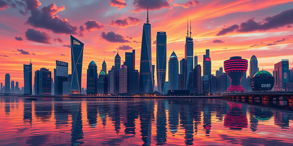 Create a detailed digital illustration of a futuristic city skyline at sunset with vibrant colors and intricate architectural designs, using a DSLR camera, 50mm lens, f/1.8 aperture, ISO 100, 1/200 sec shutter speed, wide-angle view for depth, capturing the shimmering lights and reflections in water.