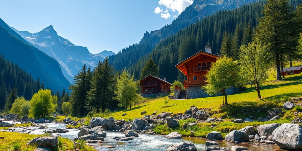 Generate a high-resolution landscape image of a mountain scene with a wooden chalet in the foreground, surrounded by lush green trees and a flowing stream, captured with a Canon EOS R5, 24mm lens, f/8 aperture, ISO 100, in bright daylight with a focus on vibrant colors and sharp details.