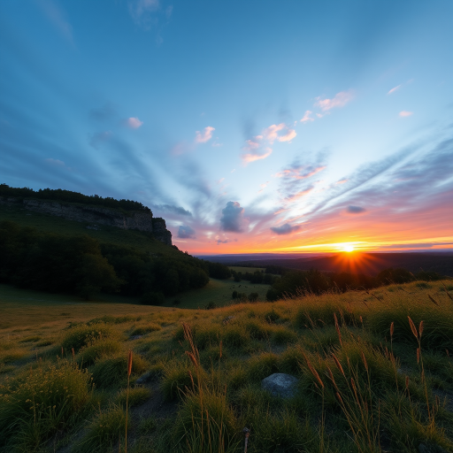 Create a high-resolution image of a serene landscape during golden hour with vibrant colors, ISO 100, f/8 aperture, 1/200 second shutter speed, captured with a DSLR camera using a wide-angle lens from a low angle view.