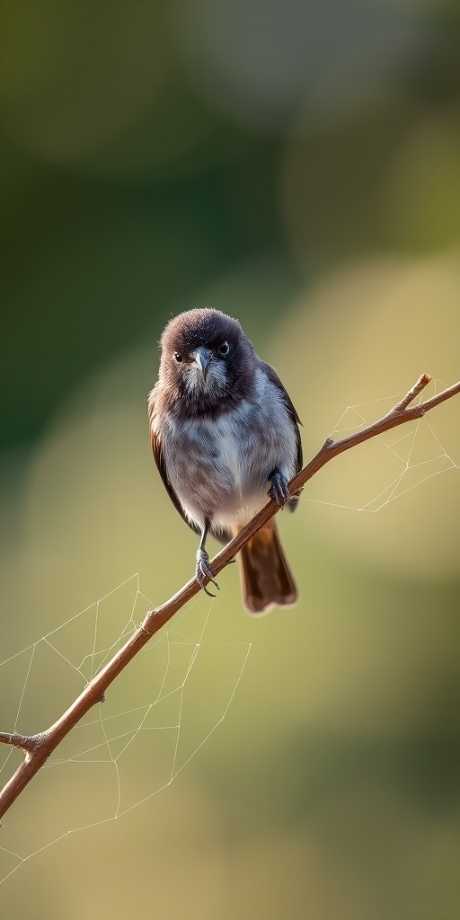 Generate a high-resolution image of a European Stonechat perched on a twig with delicate spider webs, using a DSLR camera with a 200mm lens, aperture set to f/4 for a shallow depth of field, ISO 100 for minimal noise, in natural light with a soft bokeh background, capturing the bird in a mid-shot with sharp focus on its features.