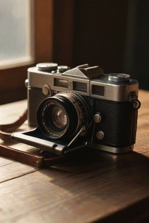 Sharp, detailed close-up of a vintage camera resting on a wooden table, soft light from a nearby window illuminating its intricate details, the smell of old leather and film lingering in the air.