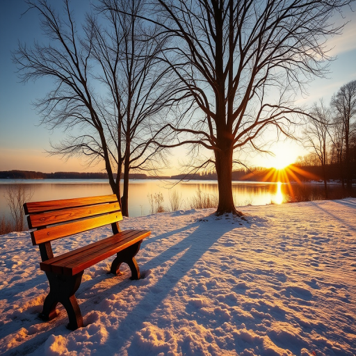 capture a serene winter lakeside scene at sunrise with a wooden bench in the foreground, showcasing snow-covered ground and bare trees, use a DSLR camera, aperture f/8, ISO 100, shutter speed 1/200 sec, wide-angle lens, golden hour lighting for enhanced detail and vibrancy