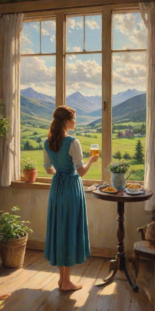 In "A Glass of Beer on the Highland," a serene scene is depicted in a sunlit room where a woman in a vibrant blue dress stands by a large window. She holds a tray with a hearty meal and a frothy glass of beer, embodying a moment of relaxation. Outside, the breathtaking highland landscape features rolling green hills and a charming traditional house, all bathed in warm afternoon light. The interior is adorned with potted plants, creating a harmonious blend of comfort and nature. The painting beautifully captures the tranquility and joy found in simple pleasures amidst stunning scenery