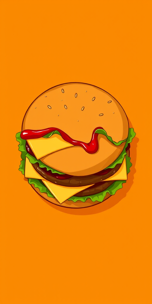 High resolution cartoon-style illustration of a large hamburger with layers of lettuce, cheese, and ketchup on a vibrant orange background, ISO 100, f/5.6, 1/250s, 50mm lens, shot with a digital DSLR camera, overhead view.