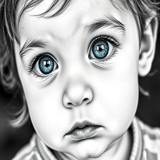 A hyperdetailed photorealistic black and white sketch of a beautiful toddler with deep blue eyes, with a macro focus