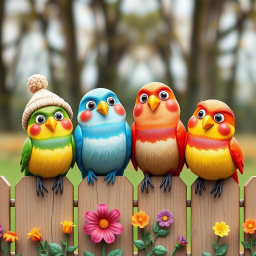 create a scene of 4 quirky  whimsical colourful comical birds each with a funny expression. they are sat on a wooden fence with colourful flowers. they are all different sizes. each one is a different colour  one is wearing a woolly hat. Each one has a different quirky google expression and there is a muted background of trees watercolour paintierly style high definition 8k resolution 3D paper mache