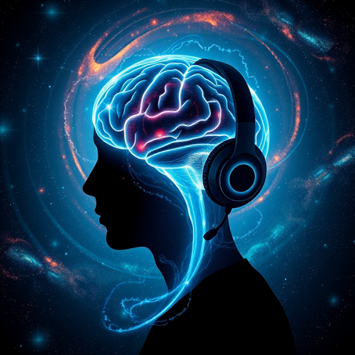 Create a high-resolution digital artwork of a glowing brain surrounded by swirling galaxies, headphones on a stylized human silhouette, shot with a Canon EOS R5 at f/2.8, ISO 100, 50mm lens, using a soft-focus, high-contrast style.