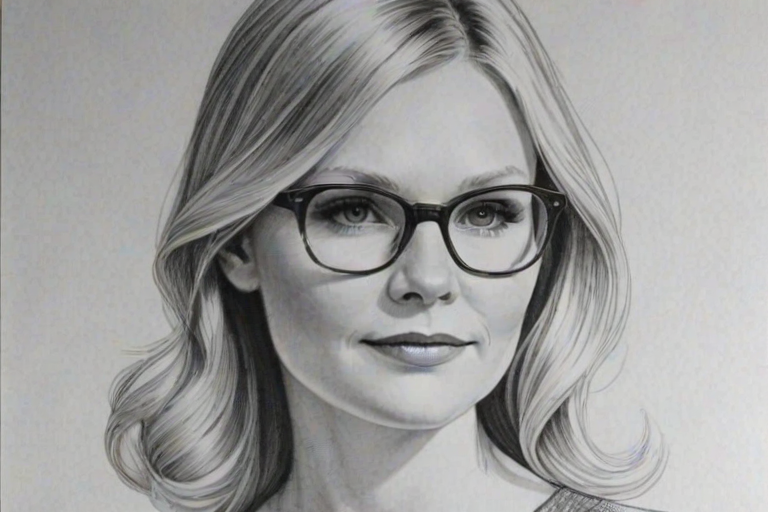Magnificent Kirsten Dunst, pencil sketch, portrait of Elegant woman 1966s in glasses, hair style beatnik, outline, clear lines, fine lines, 8k