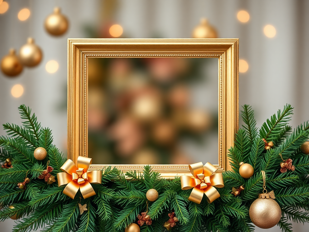 Create a high-resolution image of an empty picture frame surrounded by a lush green garland adorned with golden ornaments and bows, captured with a DSLR camera at f/2.8 aperture, ISO 100, 50mm lens, with a shallow depth of field and soft focus background.