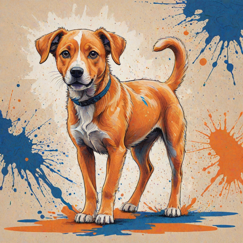 A vibrant childs coloured pencil drawn illustration of a bright orange dog with large, expressive blue eyes, a very cute style. The dog appears to be walking towards the viewer, surrounded by an abstract splash of colors and fine black lines, giving the image a dynamic and artistic flair. The background is a soft beige, highlighting the cat's vivid coloration and playful demeanor. Naively drawn scratchy line style.