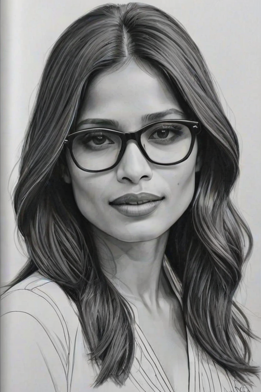 Beauteous Freida Pinto, pencil sketch, portrait of Sublime woman 1969s in glasses, hair style beatnik, outline, clear lines, fine lines, 8k