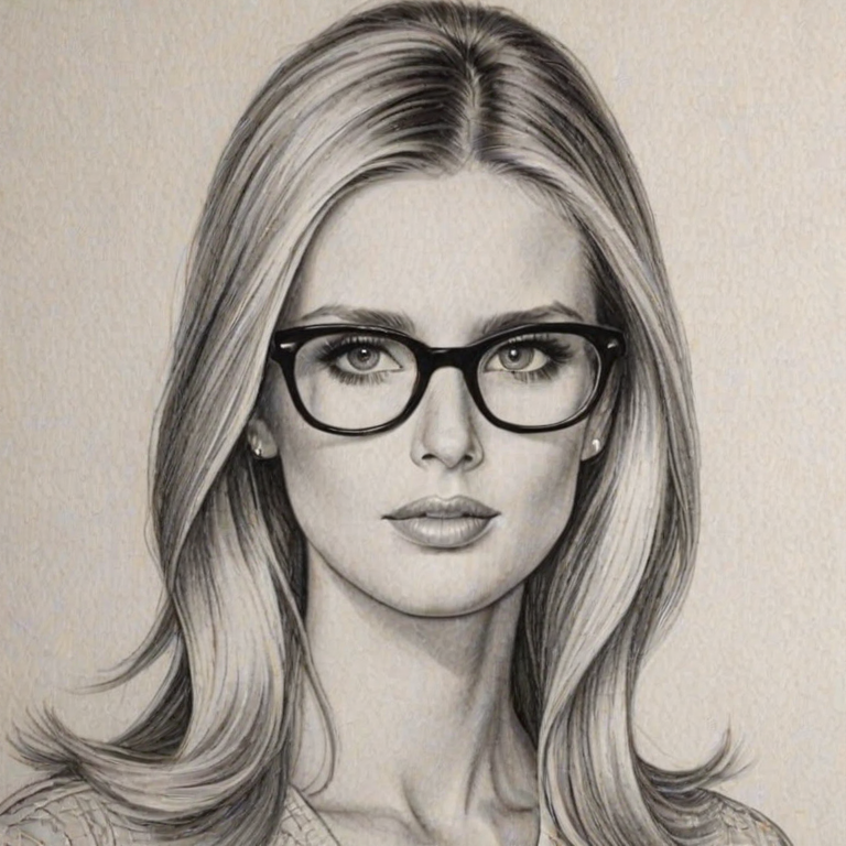 Gorgeous Nicky Hilton, pencil sketch, portrait of Gorgeous woman 1965s in glasses, hair style beatnik, outline, clear lines, fine lines, 8k